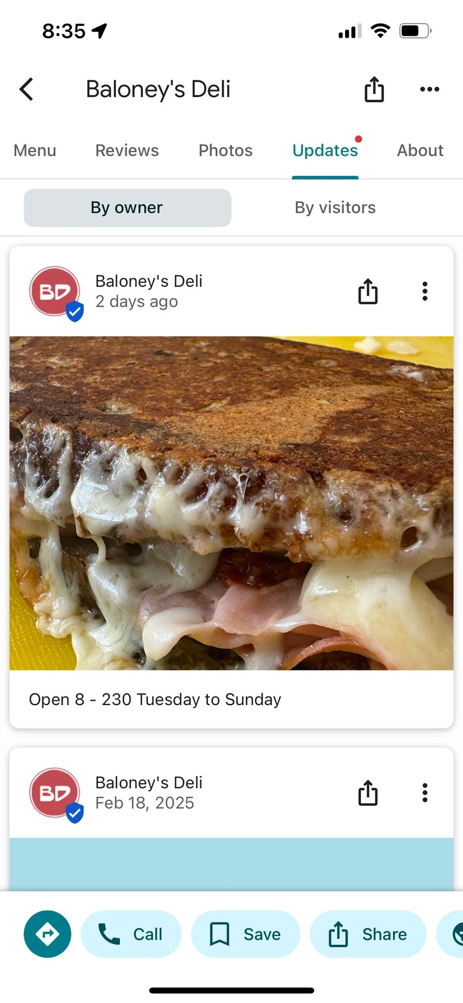 Baloney's Deli post in the Google Business Profile updates feature, shown on a phone.