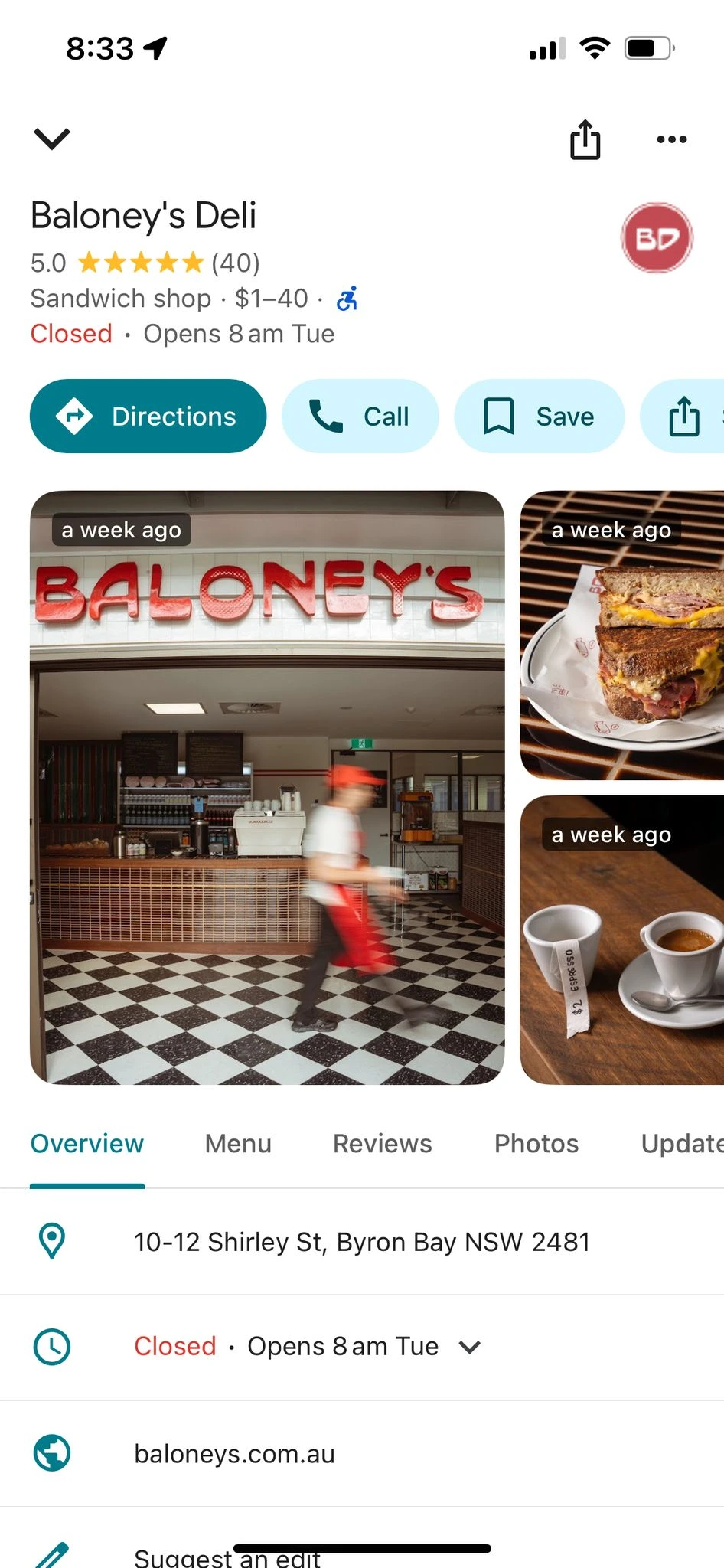 Baloney's Deli Google Business Profile shown on a phone.