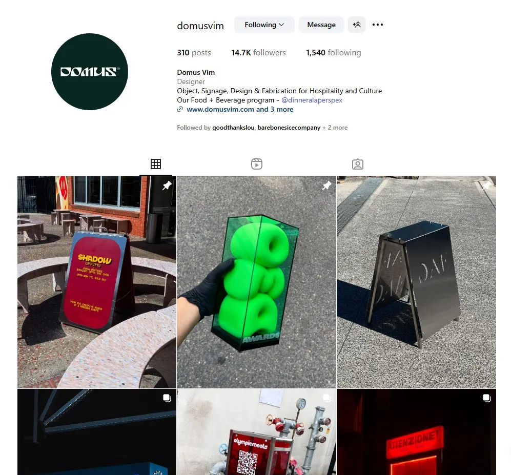 Screenshot of @domusvim's Instagram page showcasing creative core signage for small businesses