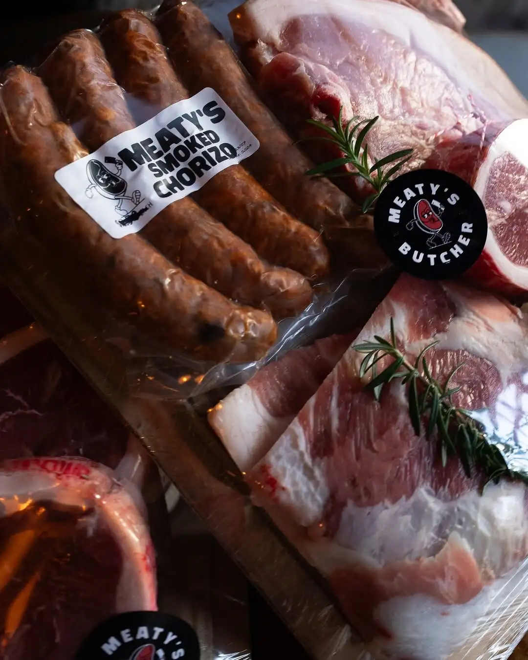 Meaty’s Butcher packaging featuring a cartoon steak character as the brand mascot.