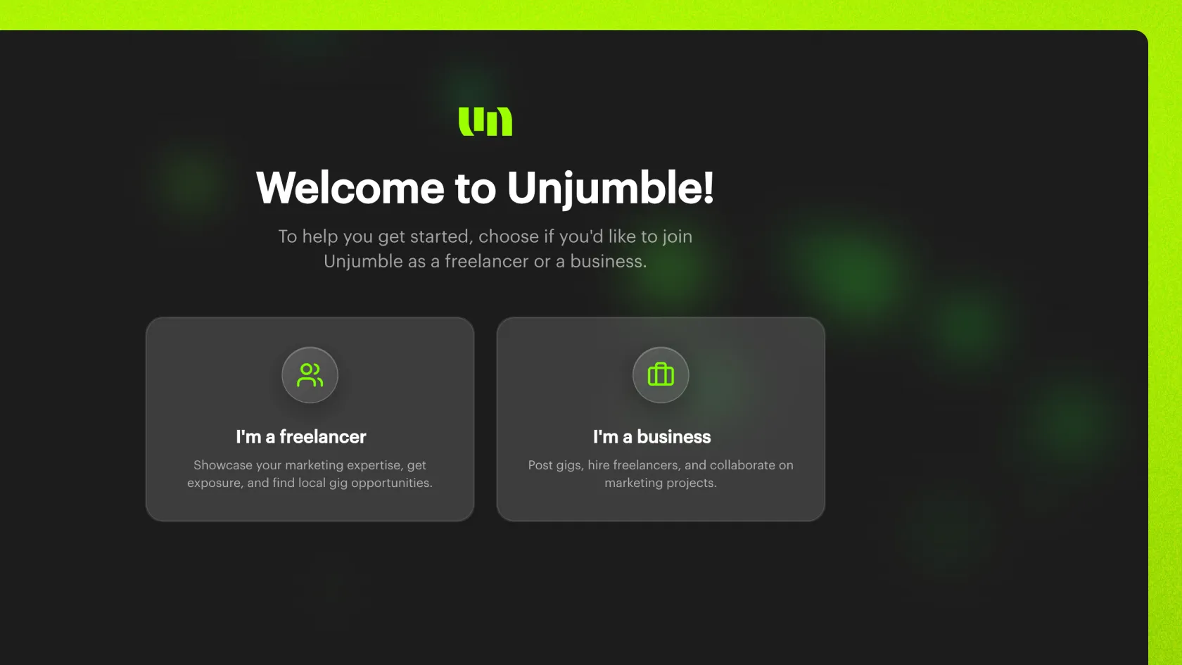 Unjumble sign-up screen