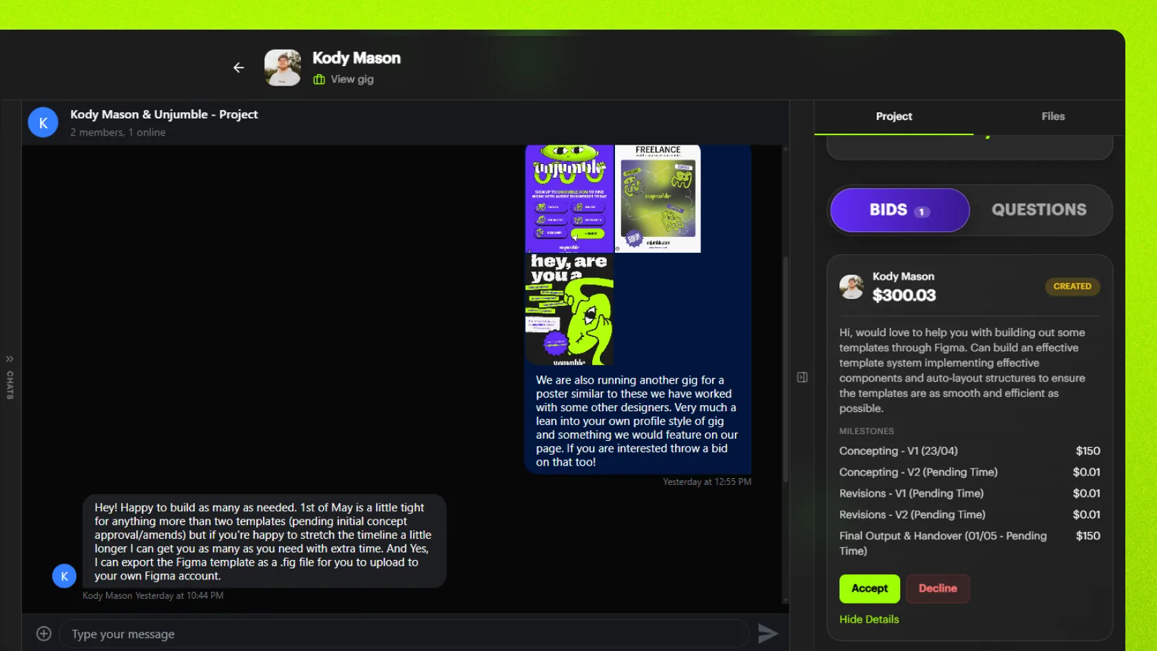 Gig chat and workspace on Unjumble