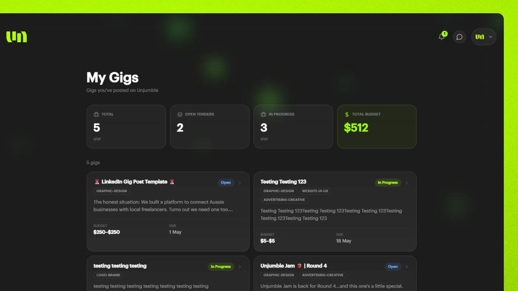 Unjumble dashboard showing gigs across projects