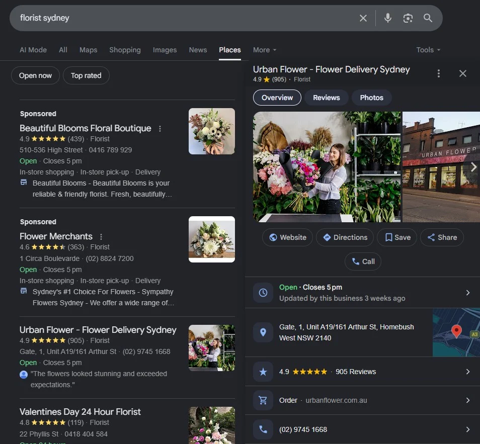 A Google Business Profile listing for a local business