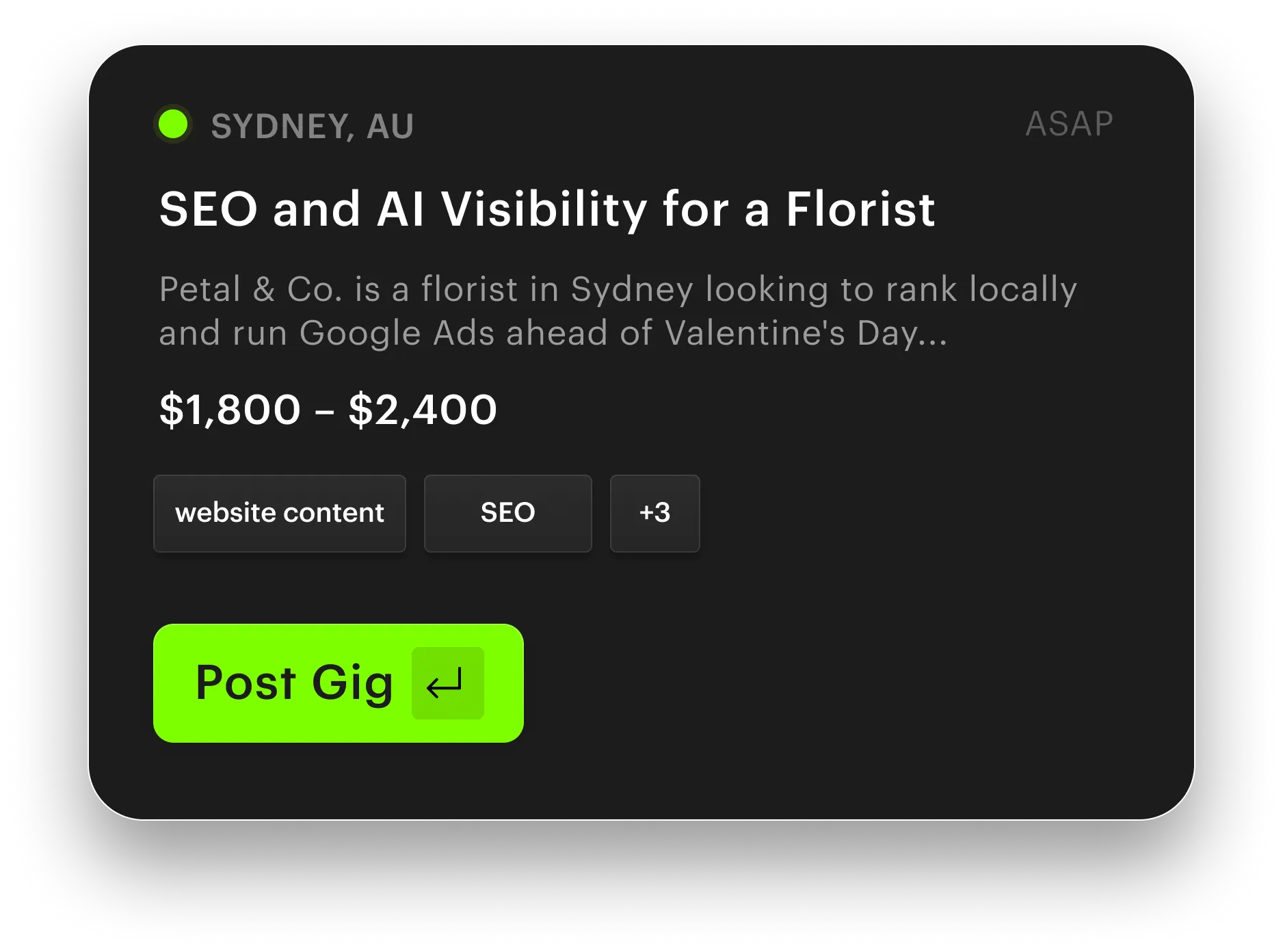 Example Unjumble gig card: a Sydney florist's SEO and AI-visibility project.