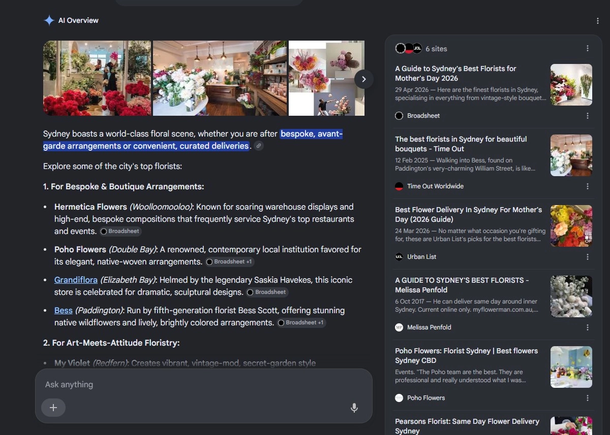 Google AI Overview for 'Best Florists in Sydney' showing cited sources