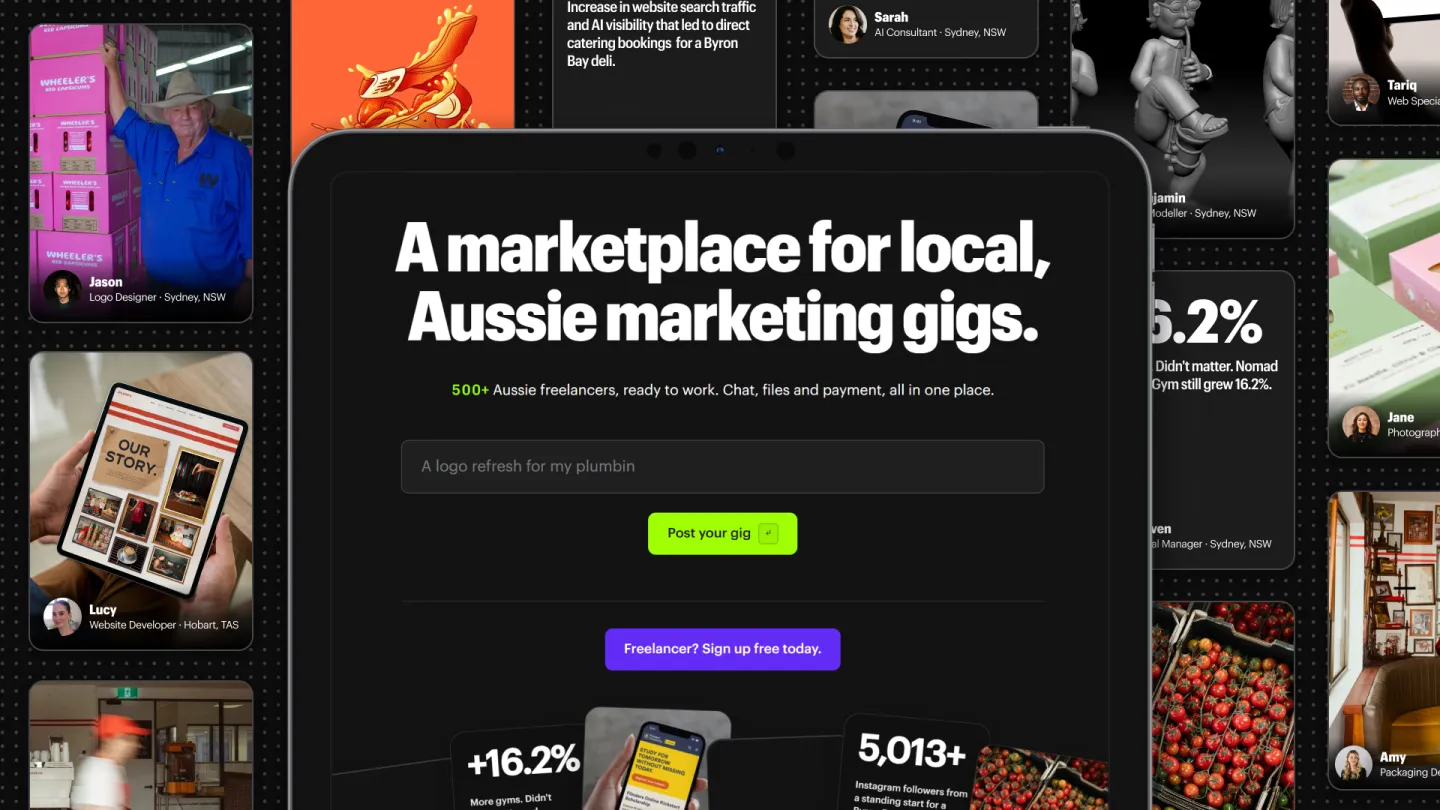Unjumble on a tablet: a marketplace for local, Aussie marketing gigs, surrounded by freelancer profile cards