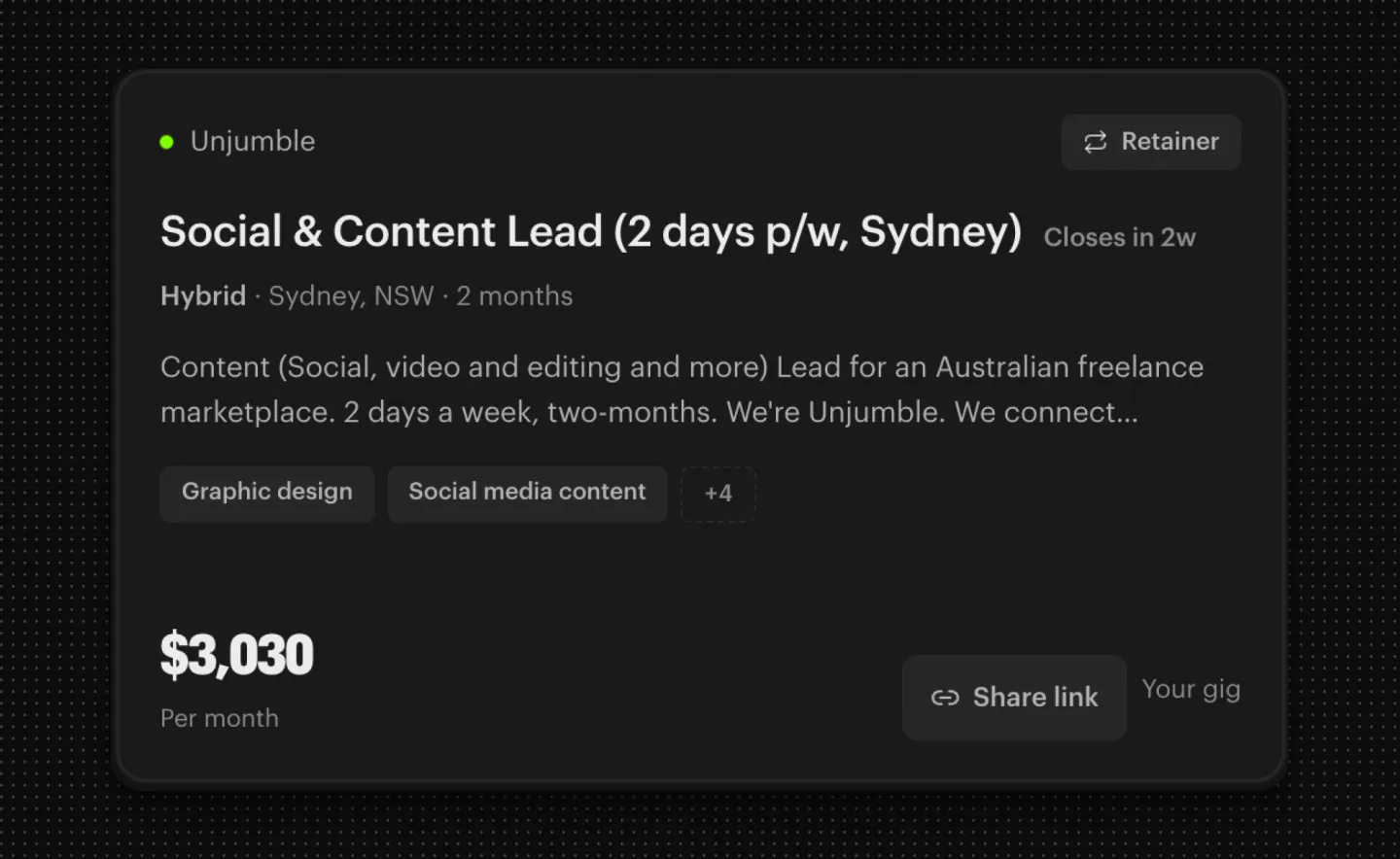 The Social & Content Lead gig on Unjumble: hybrid, Sydney, 2 months, $3,030 per month