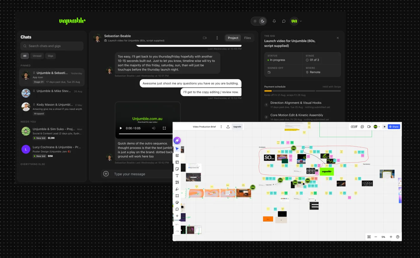 The Unjumble workspace for the launch video gig, showing the chat with Seb, the payment schedule held with Stripe, and the working board