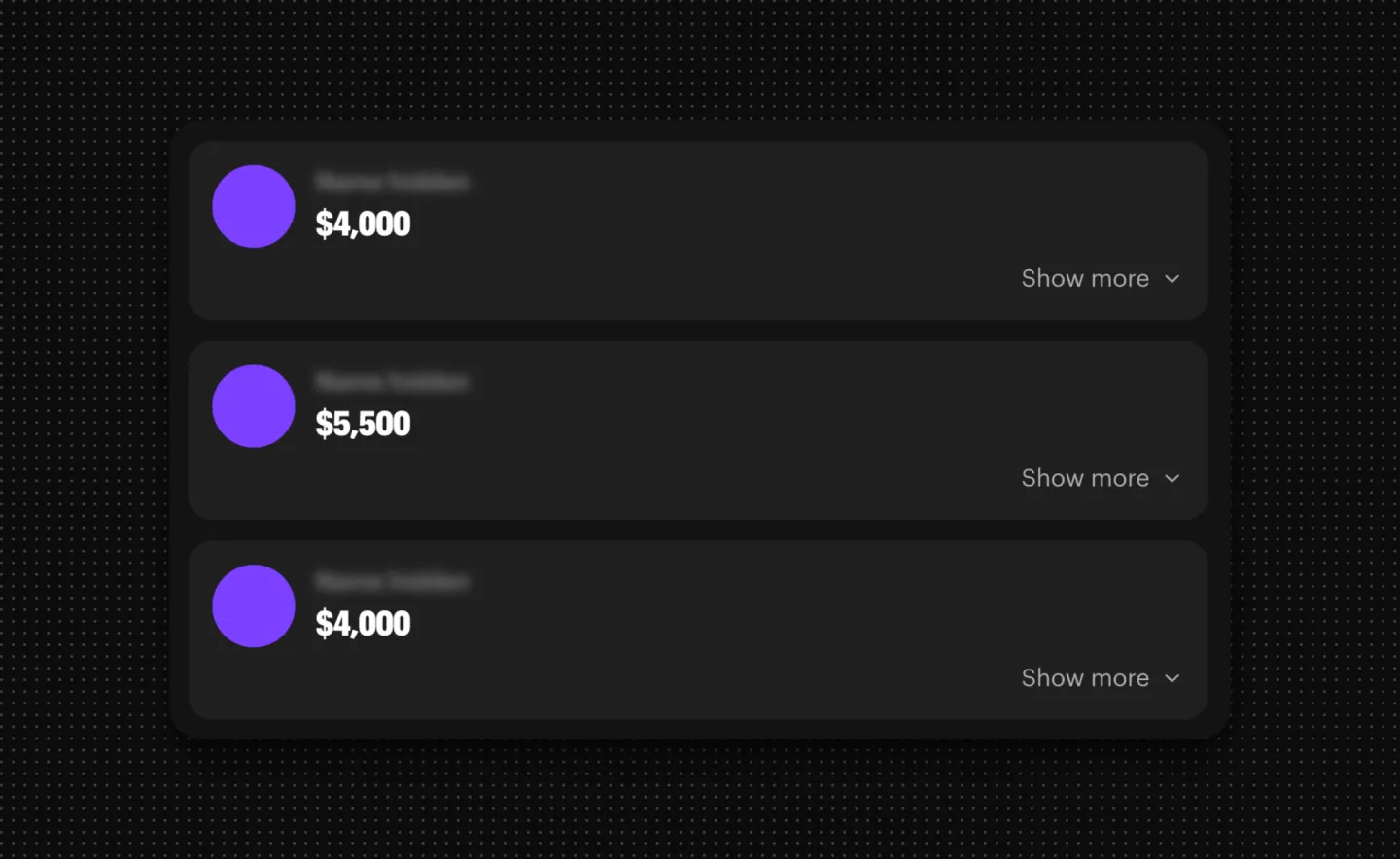 Private bids on a gig, with freelancer names hidden and only the bid amounts showing