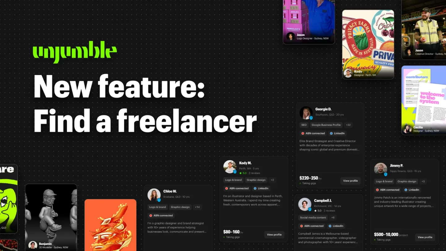 New feature: Find a freelancer. Unjumble freelancer cards and samples of their work.
